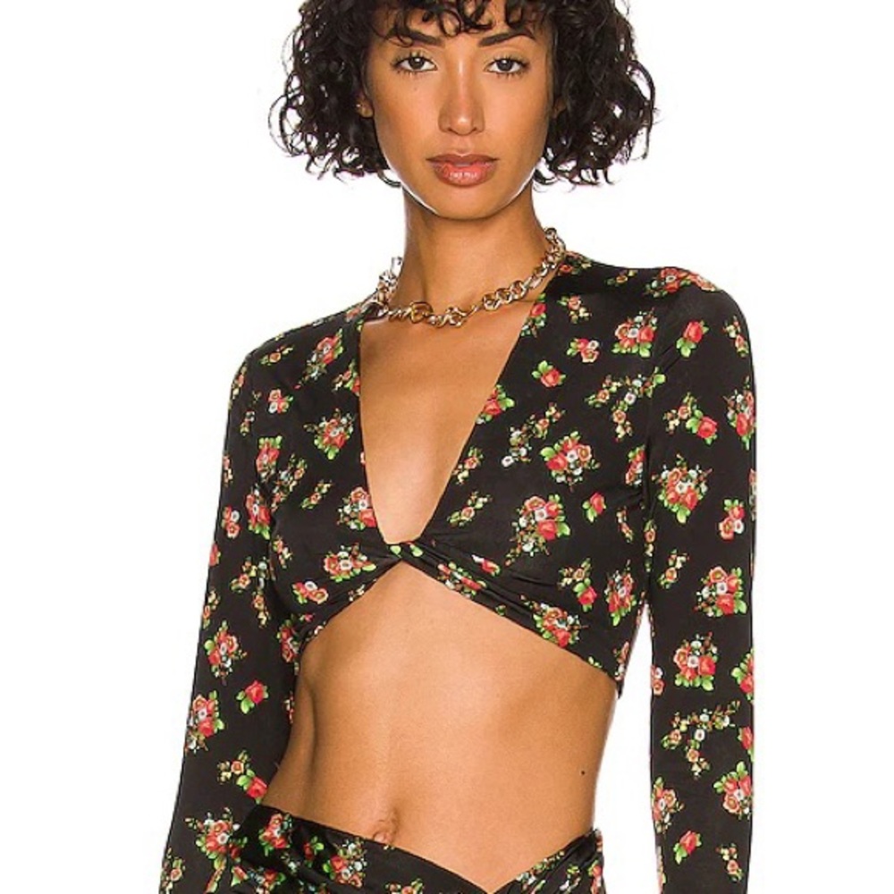 AFRM Nico Twisted Knot Slinky Knit Crop Top in Noir Rose Garden - Size Large (L)